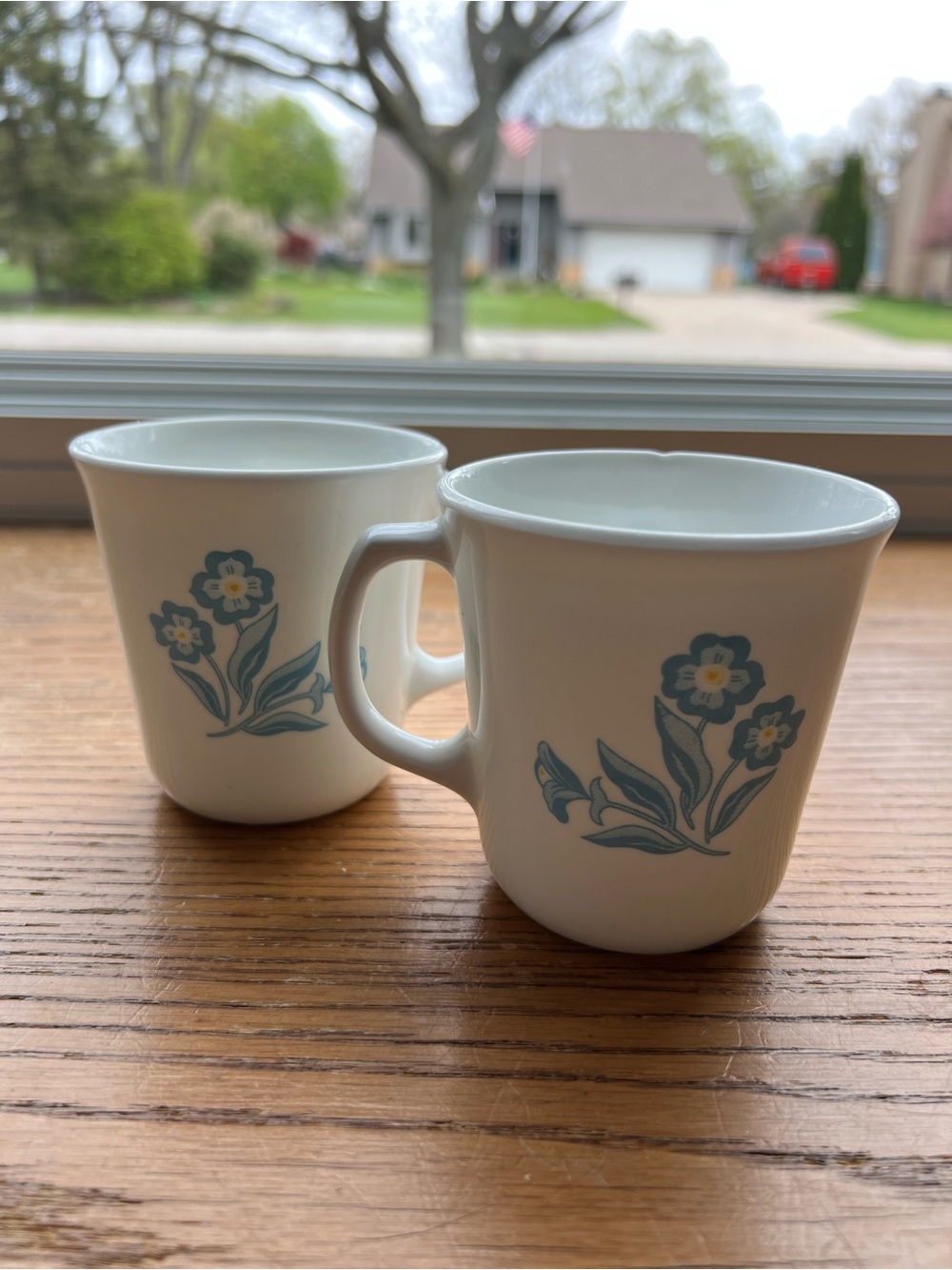 Corningware Vintage White Mugs with Blue Floral Motif - Pair